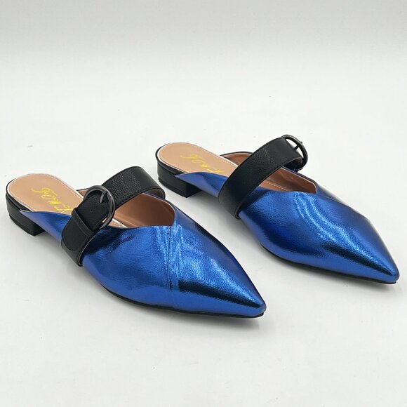 Blue Women Buckle Strap Mule Flats Backless Loafer Pointed Slip On Mule - Picture 1 of 5
